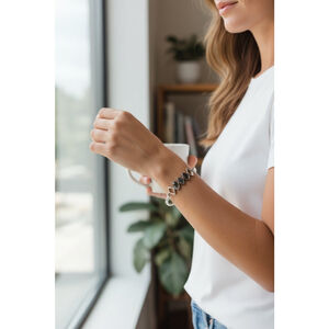 Money Dance silver bracelet with hematite rhinestone accents